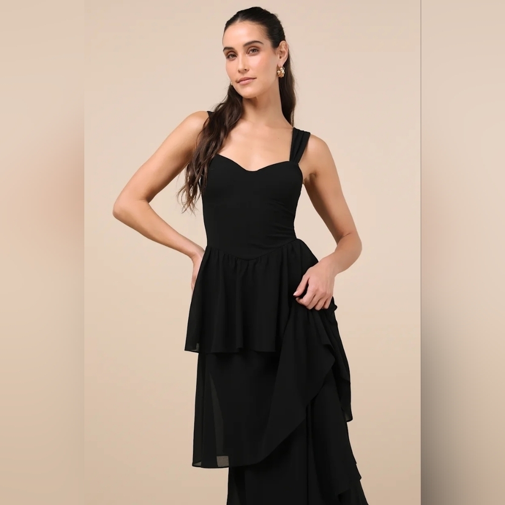 Lulus Carlynda Black Tiered Bustier Maxi Dress L Wedding Party Feminine NWT - Picture 4 of 10